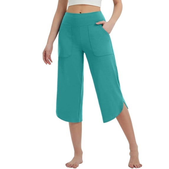 High Waist Yoga Pants - Women's Summer Wide Leg Workout Capris, Stretchy Lounge Pants with Pockets | Yubnlvae (Mint Green | S)