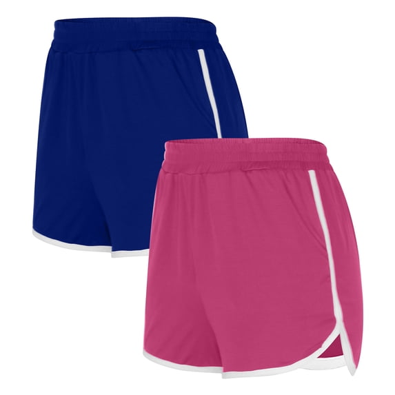 High Waist Yoga Shorts for Women 2PCS Solid Color Shorts for Women Casual Loose Comfy Elastic Waist Yoga Athletic Short Pants Trendy Beach Shorts with Pockets Blue L