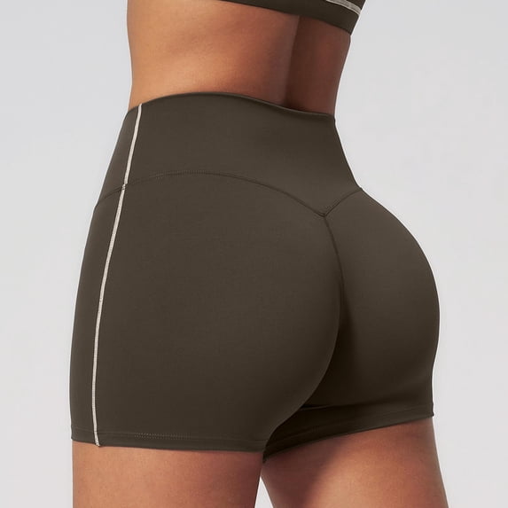 High Waist Yoga Shorts for Running Gym Fitness Seamless Tight Workout Bottoms with Scrunch Booty Lift and Control, M, Brown