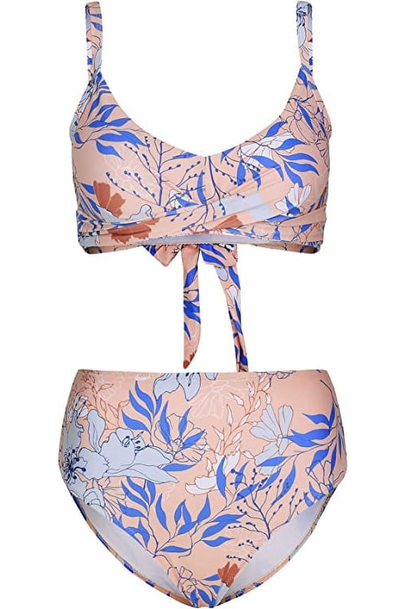 High Waisted 2 Piece Bikini Floral Printed Swimwear, Large