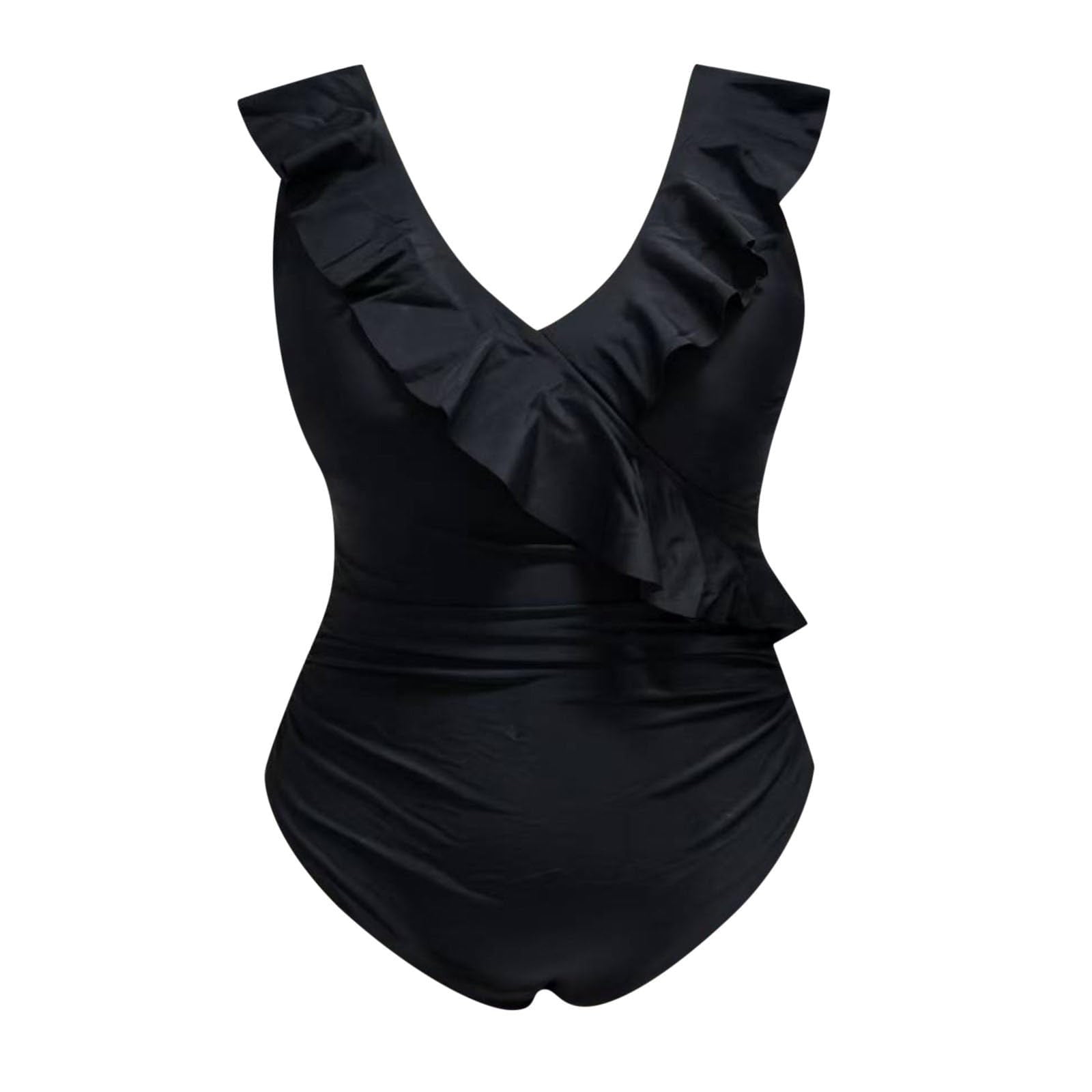 Women's Ruffled Lace Up One Piece Swimsuit -Cupshe-Black-L