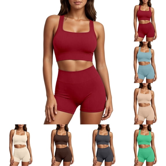 High Waisted Biker Yoga Shorts for Women Tummy Control Fitness Shorts & Cropped Vest Cami Tops Sets ( XL)
