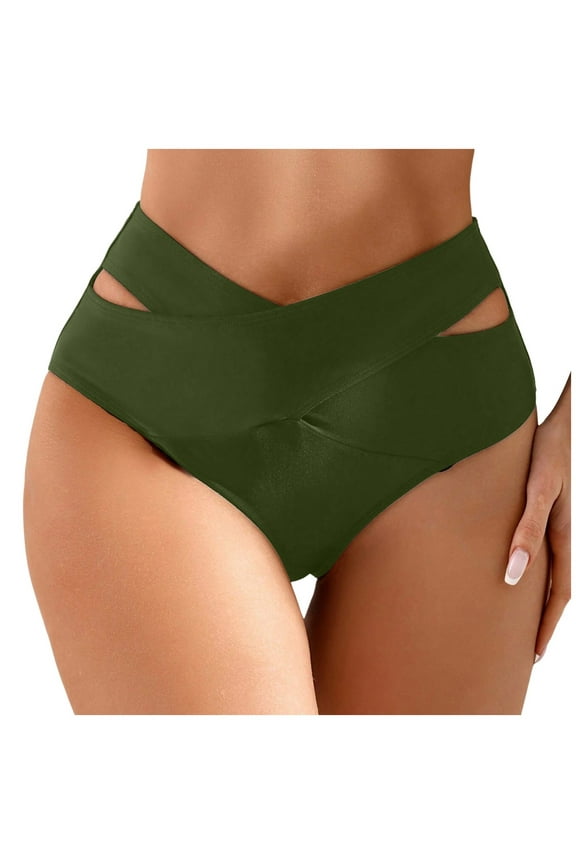 High Waisted Bikini Bottoms For Women Solid Color Hollow Out Detail Swimwear Swim Bottoms For Women Army Green L
