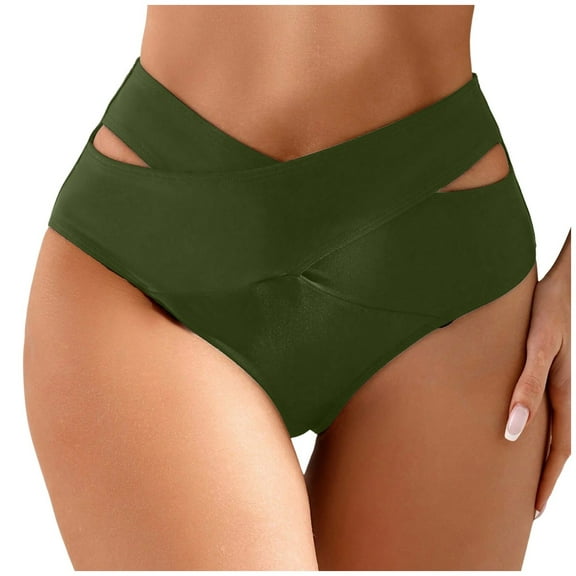 High Waisted Bikini Bottoms For Women Solid Color Hollow Out Detail Swimwear Swim Bottoms For Women Army Green M