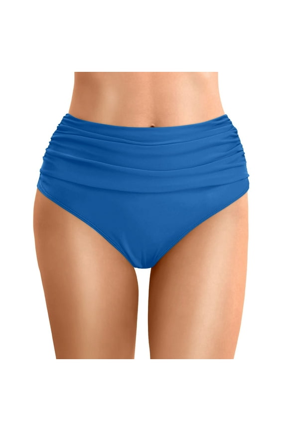 High Waisted Bikini Bottoms Womens Ruched Tummy Control Swimsuits Bottoms Full Coverage Swim Bottom Solid Color Bathing Suits Blue S