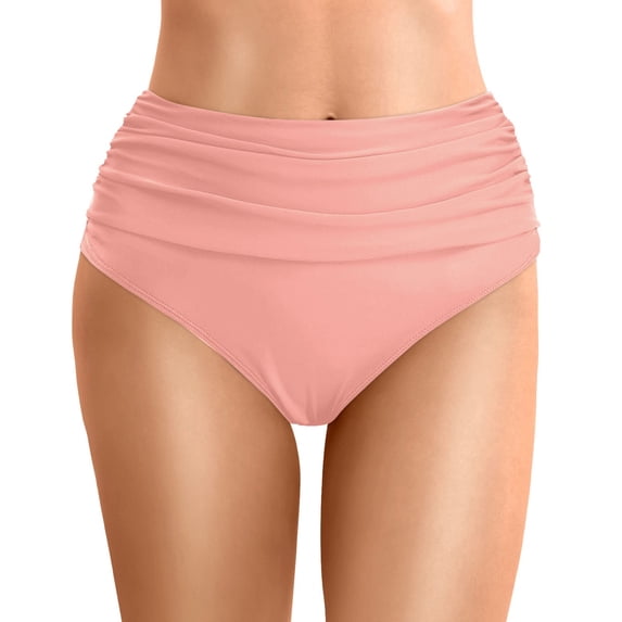 High Waisted Bikini Bottoms Womens Ruched Tummy Control Swimsuits Bottoms Full Coverage Swim Bottom Solid Color Bathing Suits Light Pink XXL