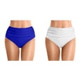 thumbnail image 1 of High Waisted Bikini Bottoms for Women 2 Packs Tummy Control Ruched Swim Bottoms Full Coverage Swimsuit Bottoms Bathing Suits Blue White XL, 1 of 10