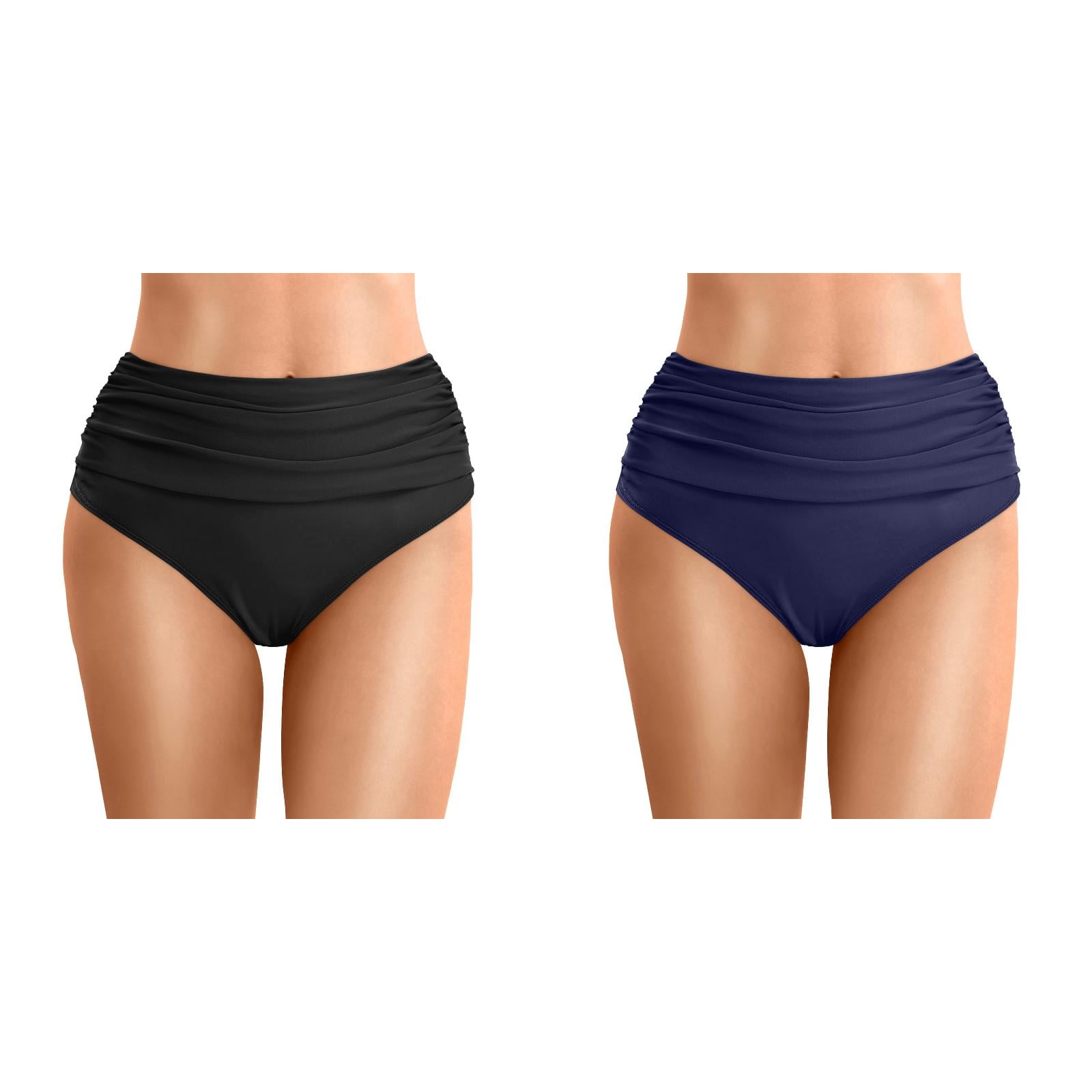 High Waisted Bikini Bottoms for Women 2 Packs Tummy Control Ruched Swim Bottoms Full Coverage Swimsuit Bottoms Bathing Suits Dark Blue Black L