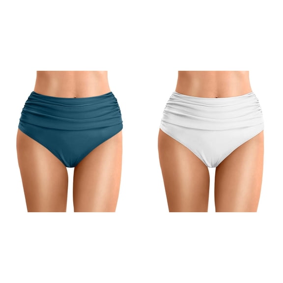High Waisted Bikini Bottoms for Women 2 Packs Tummy Control Ruched Swim Bottoms Full Coverage Swimsuit Bottoms Bathing Suits Navy White XXL