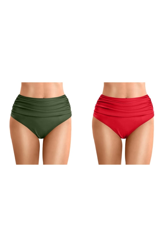 High Waisted Bikini Bottoms for Women 2 Packs Tummy Control Ruched Swim Bottoms Full Coverage Swimsuit Bottoms Bathing Suits Red Army Green XXL