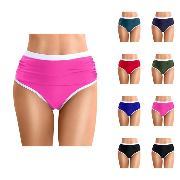 High Waisted Bikini Bottoms for Women Color Block Tummy Control Ruched Full Coverage Swim Bottom