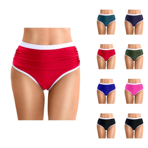 High Waisted Bikini Bottoms for Women Color Block Tummy Control Ruched Full Coverage Swim Bottom