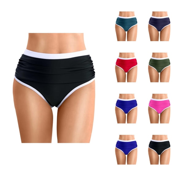 High Waisted Bikini Bottoms for Women Color Block Tummy Control Ruched Full Coverage Swim Bottom