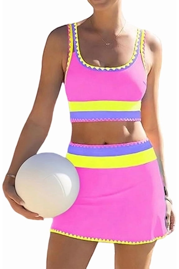 High Waisted Bikini Set for Women – Tummy Control 3 Piece Swimsuit with Skirt, Neon Purple, Push Up Top, Full Coverage, Size L