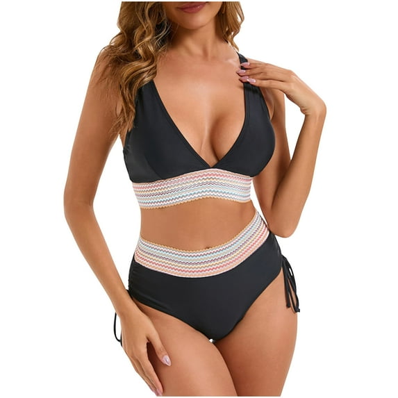 High Waisted Bikini Set for Women Tummy Control Women's 2 Piece Bathing Suit V Neck Sexy Color Block Swimsuit 2025