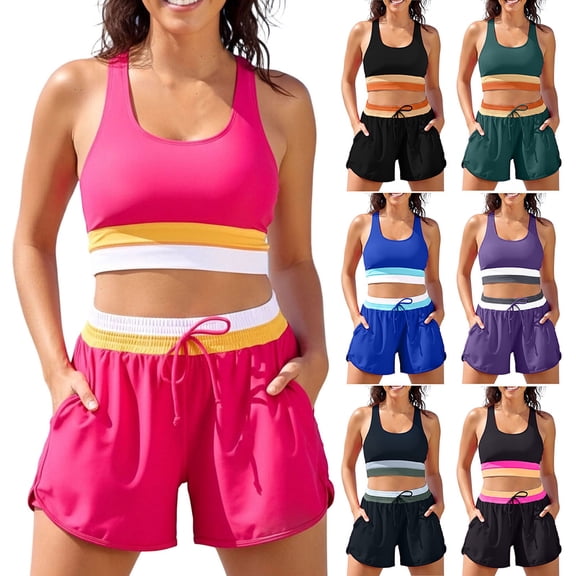 High Waisted Bikini Sets Color Block Sporty with Shorts Two Piece Swimsuits Full Coverage Bathing Suit Tummy Control Tankini Red