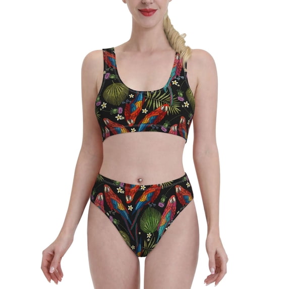 High Waisted Bikini Sets For Women, Artistic Cute Parrot Plant Flower Swimsuits Tummy Control, Two Pieces Bathing Suit