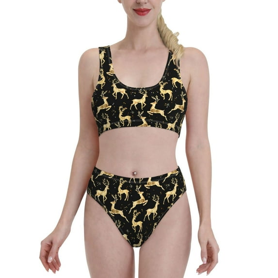 High Waisted Bikini Sets For Women, Artistic Elk Deer Swimsuits Tummy Control, Two Pieces Bathing Suit