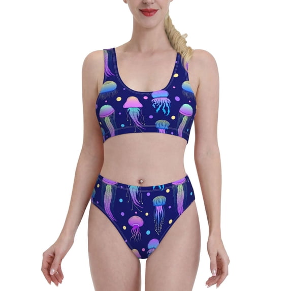 High Waisted Bikini Sets For Women, Blue Purple Jellyfish Swimsuits Tummy Control, Two Pieces Bathing Suit