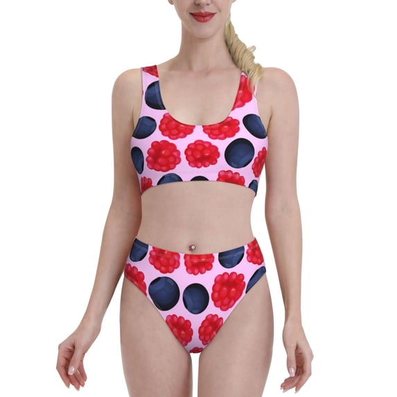 High Waisted Bikini Sets For Women, Blueberry Print Red Swimsuits Tummy Control, Two Pieces Bathing Suit