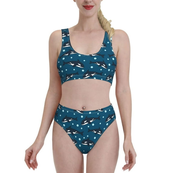 High Waisted Bikini Sets For Women, Cartoon Cute Whale Bubble Swimsuits Tummy Control, Two Pieces Bathing Suit