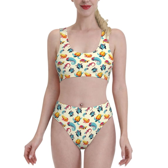 High Waisted Bikini Sets For Women, Colorful Lizard Frog Turtle Swimsuits Tummy Control, Two Pieces Bathing Suit