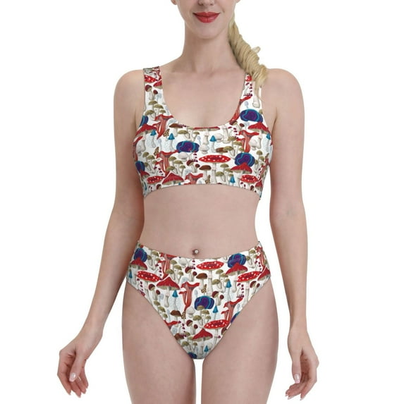 High Waisted Bikini Sets For Women, Colorful Mushrooms (2) Swimsuits Tummy Control, Two Pieces Bathing Suit