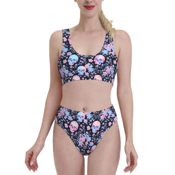 High Waisted Bikini Sets For Women, Cool Skull Flower Swimsuits Tummy Control, Two Pieces Bathing Suit