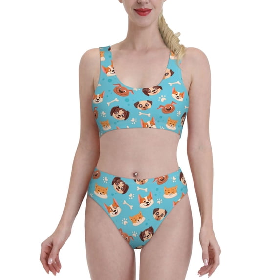 High Waisted Bikini Sets For Women, Cute Dog Cartoon Blue Swimsuits Tummy Control, Two Pieces Bathing Suit