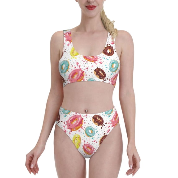 High Waisted Bikini Sets For Women, Donut Print No.9018 Swimsuits Tummy Control, Two Pieces Bathing Suit