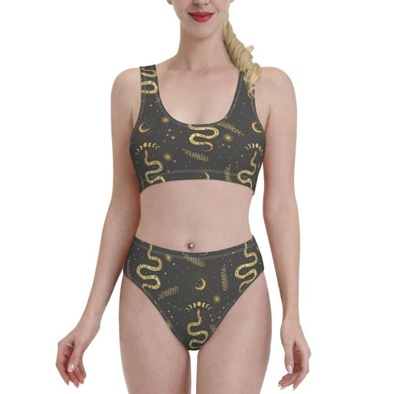 High Waisted Bikini Sets For Women, Gothic Funny Golden Snake Moon Swimsuits Tummy Control, Two Pieces Bathing Suit