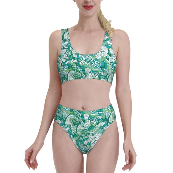 High Waisted Bikini Sets For Women, Green Doodle Pattern Swimsuits Tummy Control, Two Pieces Bathing Suit