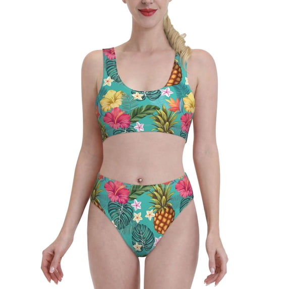High Waisted Bikini Sets For Women, Hawaiian Style Pineapple Swimsuits Tummy Control, Two Pieces Bathing Suit