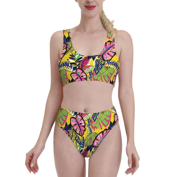 High Waisted Bikini Sets For Women, Hawaiian Style Yellow Pink Swimsuits Tummy Control, Two Pieces Bathing Suit