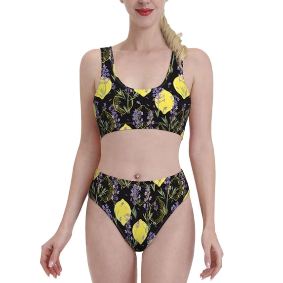 High Waisted Bikini Sets For Women, Lavender Flowers Lemon Swimsuits Tummy Control, Two Pieces Bathing Suit