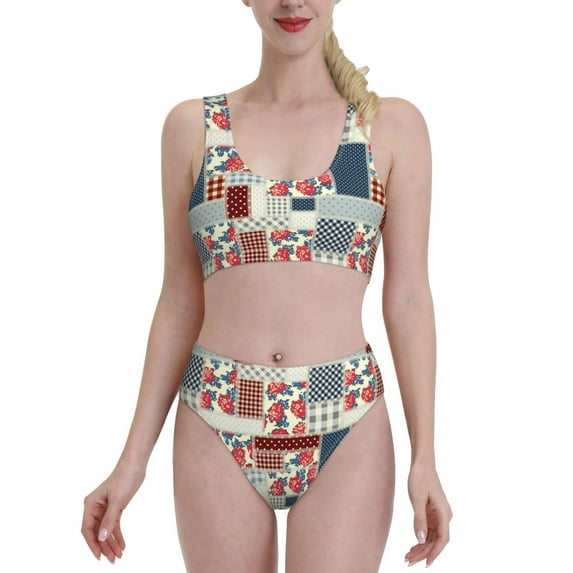 High Waisted Bikini Sets For Women, Patchwork In Country Style Swimsuits Tummy Control, Two Pieces Bathing Suit
