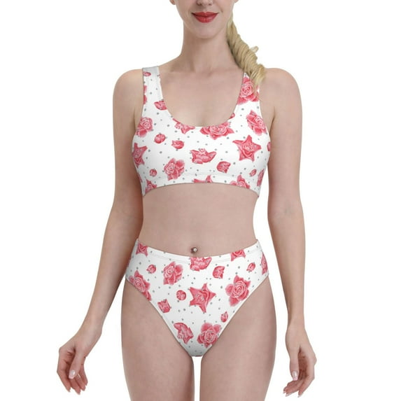 High Waisted Bikini Sets For Women, Pink Flowers_A Swimsuits Tummy Control, Two Pieces Bathing Suit