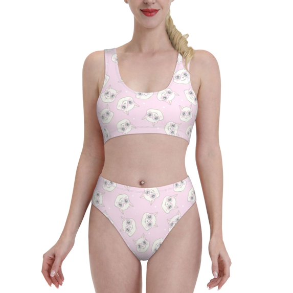 High Waisted Bikini Sets For Women, Pink Romantic Loving Glasses Cat Swimsuits Tummy Control, Two Pieces Bathing Suit