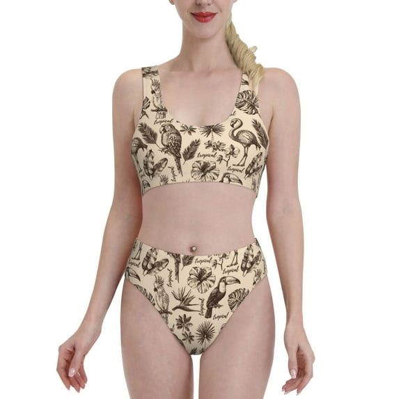 High Waisted Bikini Sets For Women, Sketch Parrot Flamingo Toucan Swimsuits Tummy Control, Two Pieces Bathing Suit