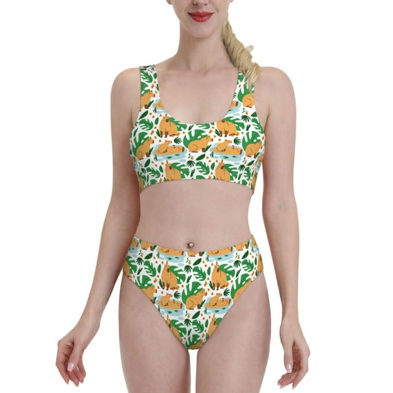 High Waisted Bikini Sets For Women, Tropical Capybara Swimsuits Tummy Control, Two Pieces Bathing Suit