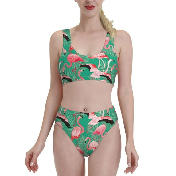 High Waisted Bikini Sets For Women, Tropical Flamingo A Swimsuits Tummy Control, Two Pieces Bathing Suit