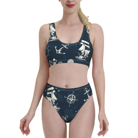 High Waisted Bikini Sets For Women, Vintage Marine Swimsuits Tummy Control, Two Pieces Bathing Suit