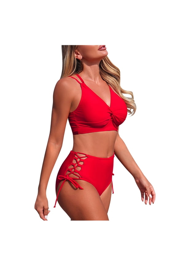 High Waisted Bikini Sets Women Cross Back Twist Swimsuits Two Piece Side Cutout Drawstring Bathing Suits (L, Red)