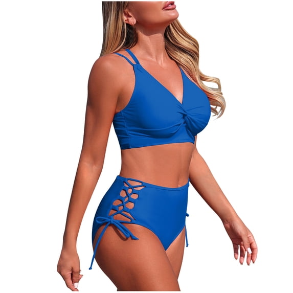 High Waisted Bikini Sets Women Cross Back Twist Swimsuits Two Piece Side Cutout Drawstring Bathing Suits (XL, Blue)