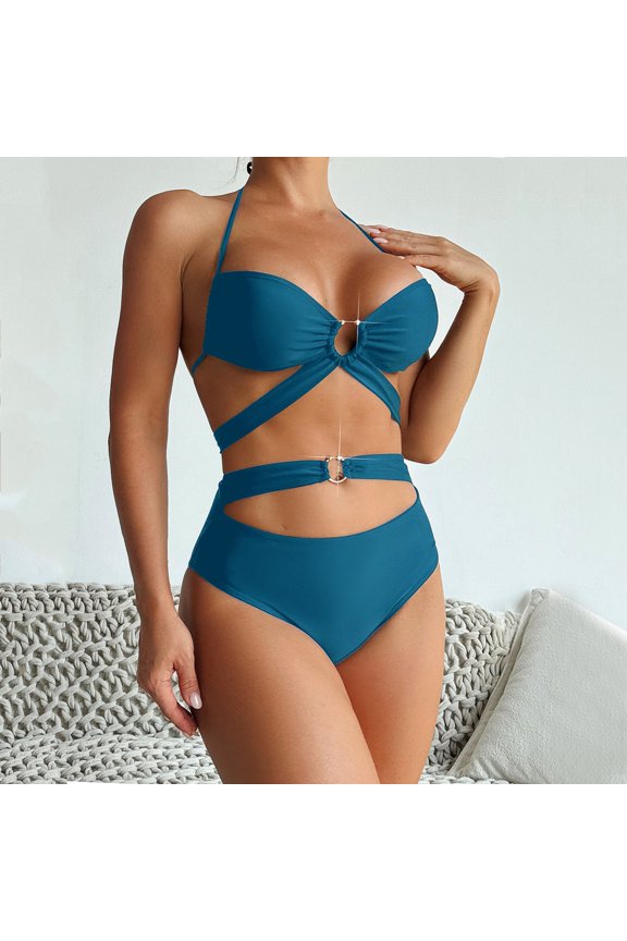 High Waisted Bikini Sets for Women Hontri Bikini Sets for Women Tummy Control Women's Solid Color Split Swimsuit with Straps Metal Fist Accessories Neck Hanging Bikini