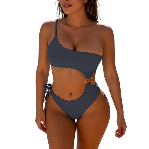 High Waisted Bikini Sets for Women Padded Backless One Piece Swimsuit for Women Lace Up Cutout Solid Color Sexy Beach Vacation Summer Flattering Tummy Control Swimwear Navy L