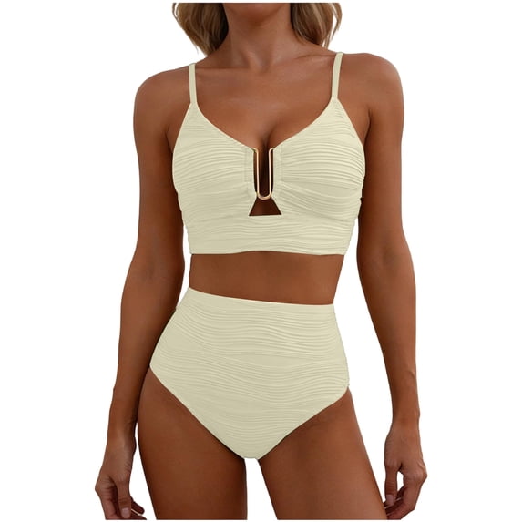 High Waisted Bikini Sets for Women Tummy Control 2 Piece Bathing Suit U-Wire Push up Texture Beach Swimsuit Beige 2XL
