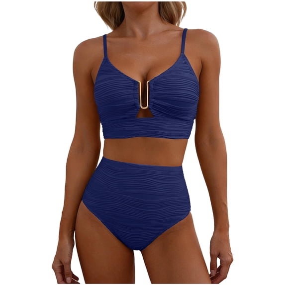 High Waisted Bikini Sets for Women Tummy Control 2 Piece Bathing Suit U-Wire Push up Texture Beach Swimsuit Navy S