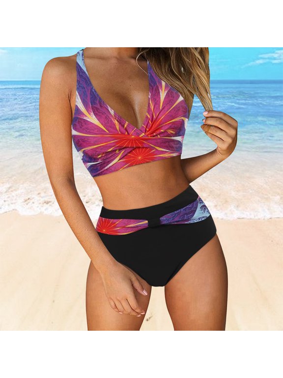 High Waisted Bikini Sets for Women Bikini Sexy Push Up Two Piece swimsuits Two Piece Retro Ruched Print Bikini Set Tummy Control Bathing Suits XXL