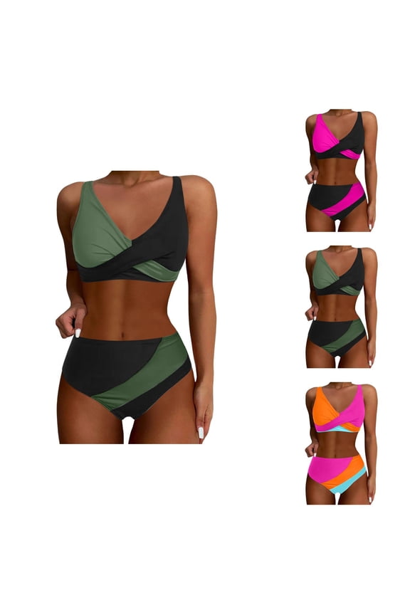 High Waisted Bikini Sets for Women Color Block Two Piece Swimsuit Drawstring Bathing Suit Tummy Control Athletic Swimwear for Pool